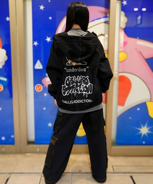 GALFY セットアップ　フード付きブラックジャケット&デニムワイドカーゴパンツ GALFY（ガルフィー） ワイドパンツ カーゴパンツ GA×GALFY-安定の別注