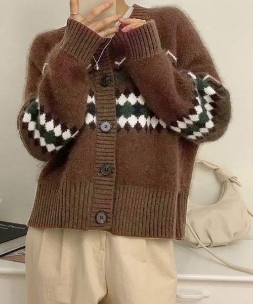 カーディガン ノルディック柄 ニットカーディガン レディース