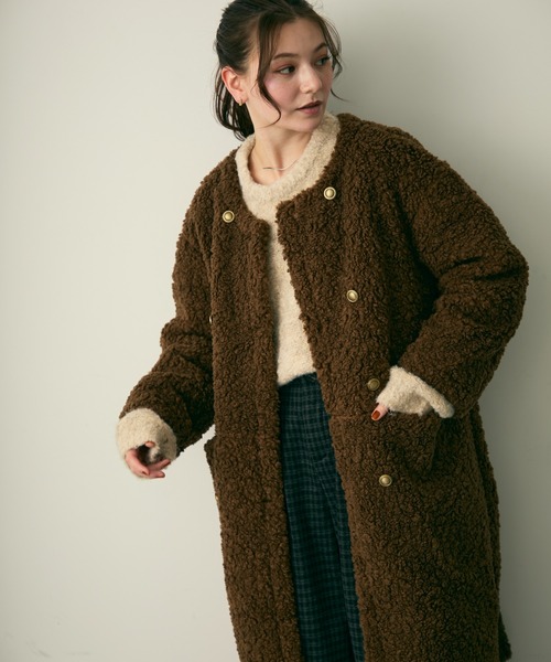 Lunea コート アウター ダブルボタンロングボアコート レディース