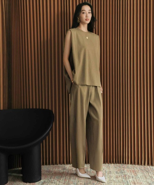 ワイドパンツ パンツ 「2026SS」セットアップ対応 センタープレスカーブパンツ ウエストゴム「着用動画あり」 レディースの画像