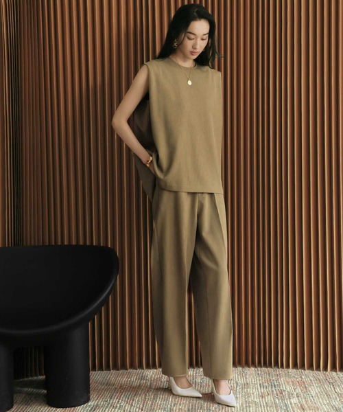 ワイドパンツ パンツ 「2026SS」セットアップ対応 センタープレスカーブパンツ ウエストゴム「着用動画あり」 レディースの画像