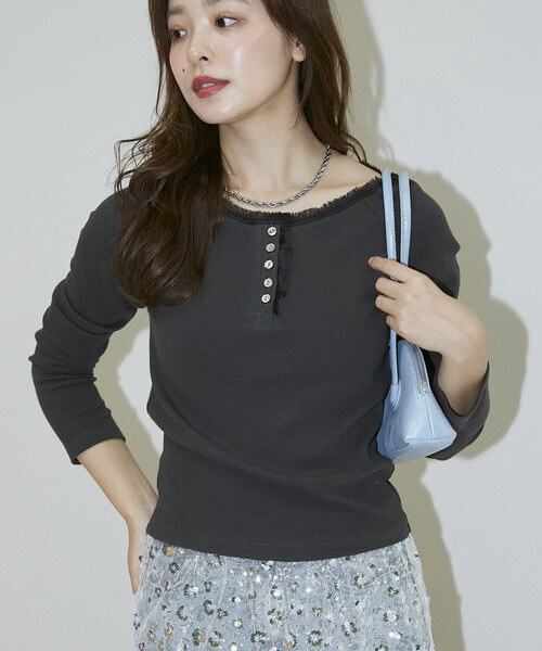 PUBLUX（パブリュクス） ヘンリーネック tシャツ 襟 レース 切替