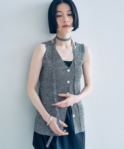 新品 25SS yori ハンサムVネックリボンジレ ネイビー フリー ハンサムV