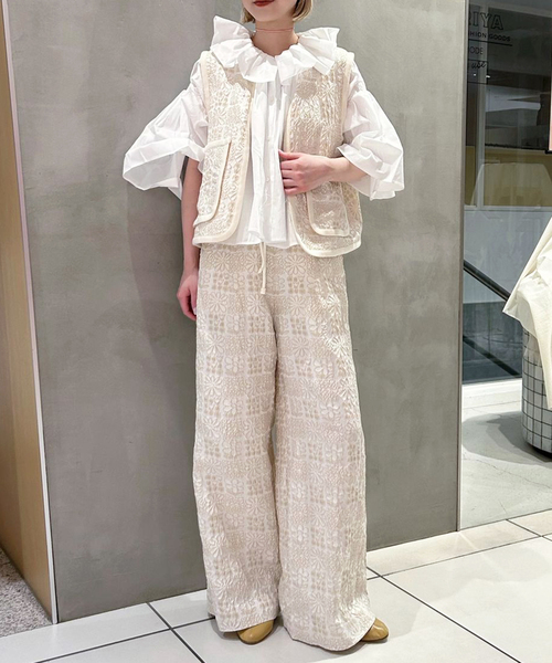 ワイドパンツ パンツ IENA LA BOUCLE フラワーJQストリングパンツ レディースの画像