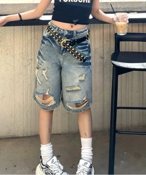 「SHEENA」 デニムハーフパンツ L ライトブルー レディース_画像2