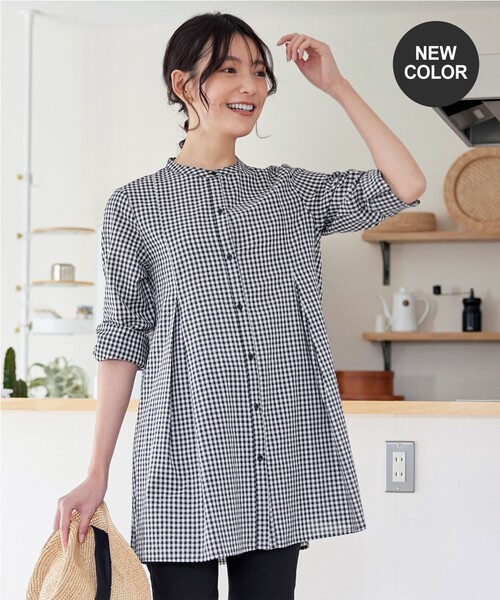 【美品】TICCA ティッカ　バンドカラーチュニックブラウス　7分袖 美品】TICCA ティッカ バンドカラーチュニックブラウス 7分袖