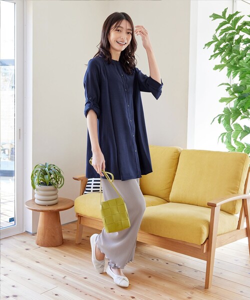 Tiaclasse ブラウス シャツ バンドカラーシャツチュニックブラウス