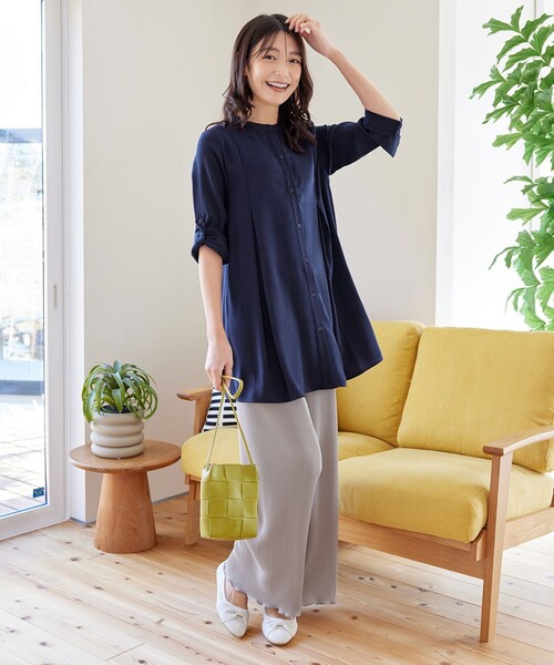 Tiaclasse ブラウス シャツ バンドカラーシャツチュニックブラウス