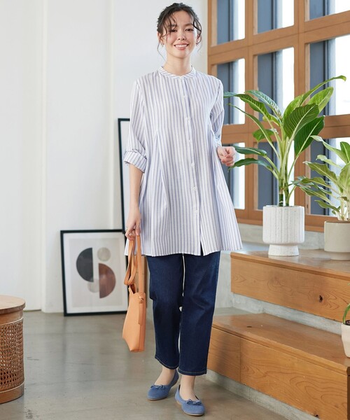 美品✨現行 45R インドカディ バンドカラー ブラウス チェック シャツ Tiaclasse ブラウス シャツ バンドカラーシャツチュニックブラウス