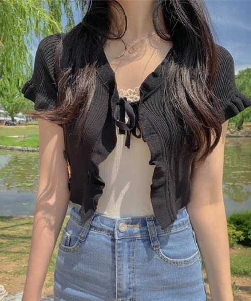 LADY LIKE（レディライク） カーディガン フロントリボンフリル半袖