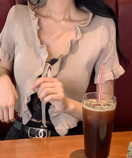 キャサリンマランドリーノ ☆ カシミヤ フリル ボレロ カーディガン S 半袖 フロントリボンフリル半袖ボレロ カーディガン トップス[品番