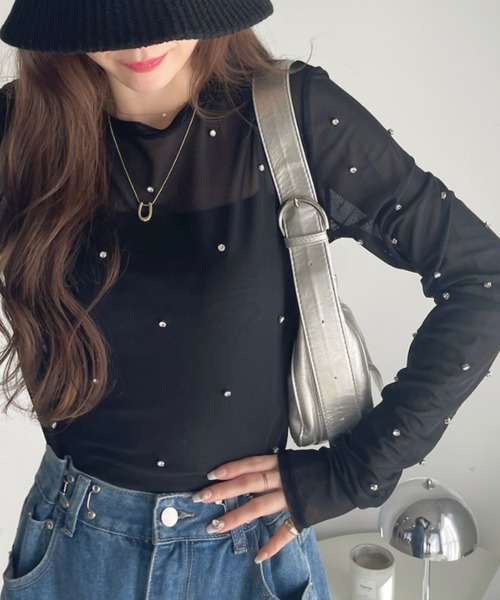 tシャツ M0490 コード入りデザインプルオーバー レディース Ada. tシャツ ビジュー付き メッシュ プルオーバー レディース