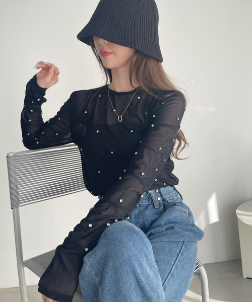 Ada. tシャツ ビジュー付き メッシュ プルオーバー レディース