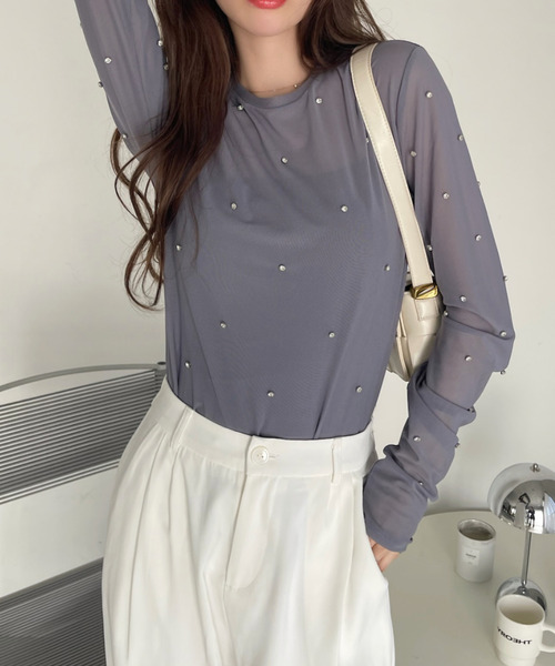 Ada. tシャツ ビジュー付き メッシュ プルオーバー レディース