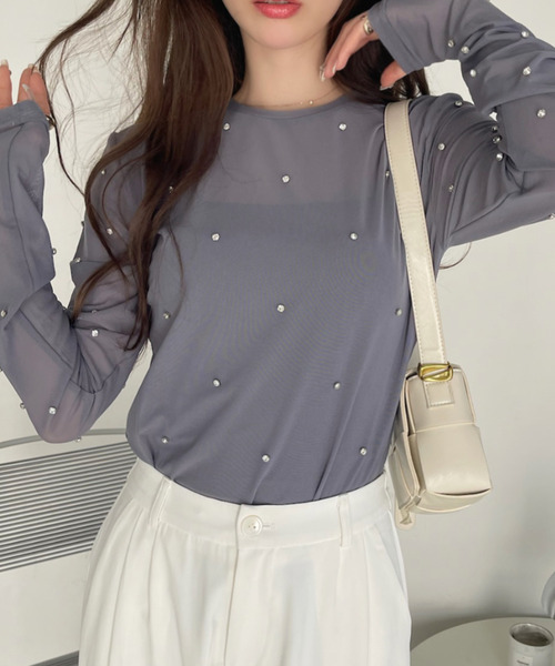 Ada. tシャツ ビジュー付き メッシュ プルオーバー レディース