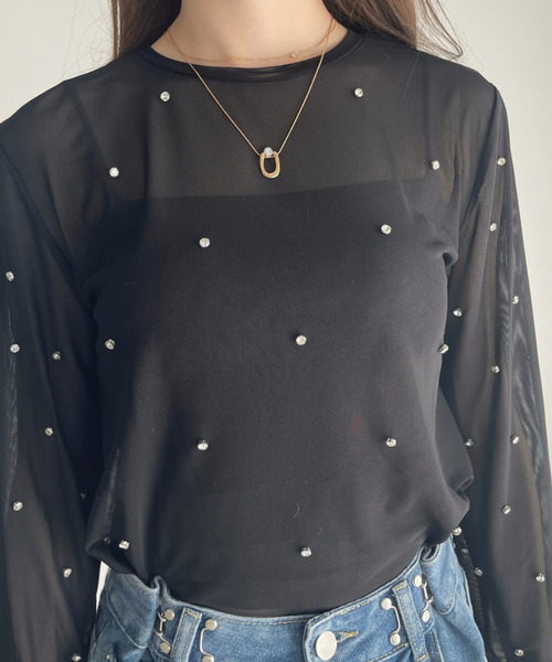 tシャツ M0490 コード入りデザインプルオーバー レディース Ada. tシャツ ビジュー付き メッシュ プルオーバー レディース