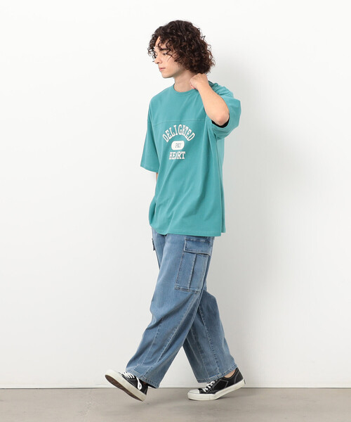 メンズ デニムパンツ レトロ 個性派 ワイドジーンズ K00218 Purple&Yellow ジーンズ デニムカーゴワイドテーパードパンツ
