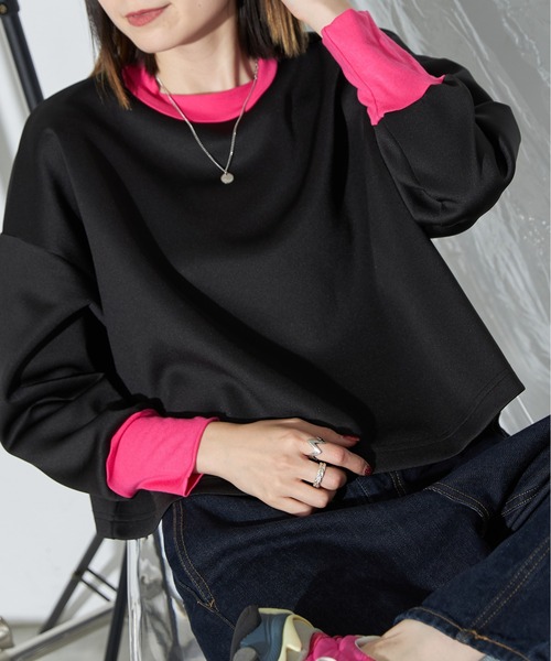 tシャツ シアーインナー付配色切替スポンディッシュプルオーバー レディース