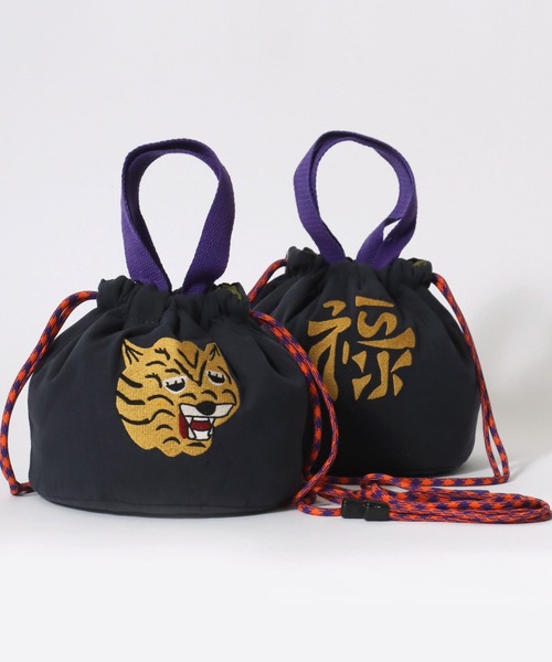 ヒューストン ベロアエフェクトバッグ 巾着 ミニショルダーバッグ 虎タイガー刺繍 HOUSTON ヒューストン バッグ 巾着バッグ メンズ レディ―ス