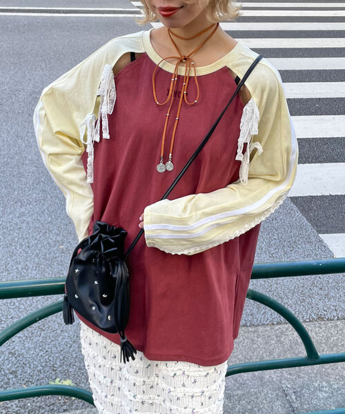 CIAOPANIC tシャツ スリットリボンレースラインラグラントップス