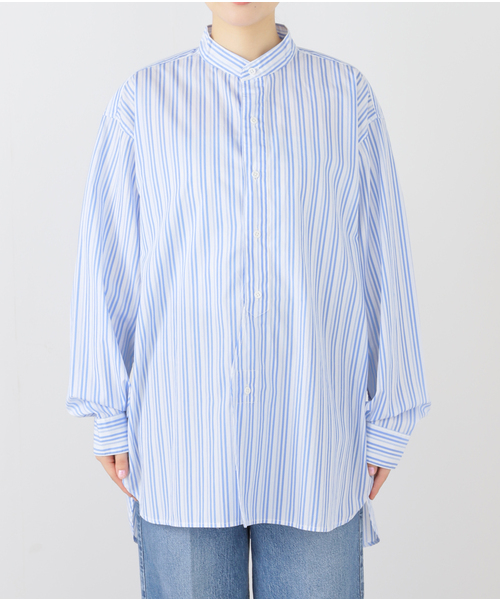 ブラウス シャツ 「 NAVY/ロイヤルネイビー」  BANDCOLLAR SHIRTS STRAIPE：シャツ レディース