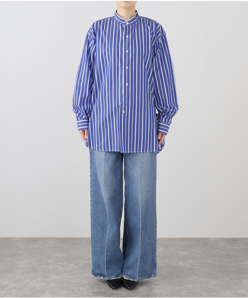 ブラウス シャツ 「 NAVY/ロイヤルネイビー」  BANDCOLLAR SHIRTS STRAIPE：シャツ レディース ROYAL NAVY ブラウス シャツ 「ROYAL NAVY/ロイヤルネイビー