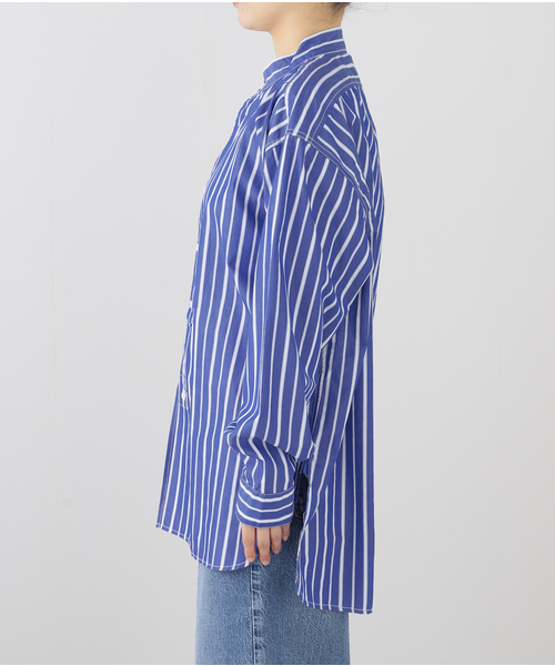 ブラウス シャツ 「 NAVY/ロイヤルネイビー」  BANDCOLLAR SHIRTS STRAIPE：シャツ レディース セール】【ROYAL NAVY/ロイヤルネイビー】 BANDCOLLAR SHIRTS