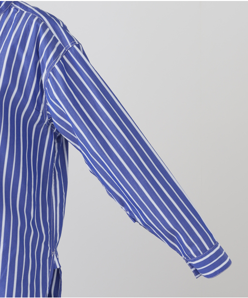 ブラウス シャツ 「 NAVY/ロイヤルネイビー」  BANDCOLLAR SHIRTS STRAIPE：シャツ レディース ロイヤルネイビー シャツ レディース ROYAL NAVY BANDCOLLAR