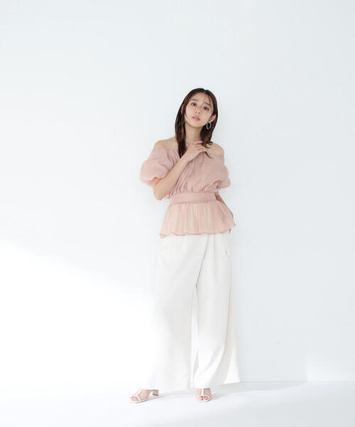 ブラウス シャツ 「美人百花掲載」シアーギャザーペプラムブラウス半袖 レディース ◇【美人百花掲載】シアーギャザーペプラムブラウス半袖（シャツ