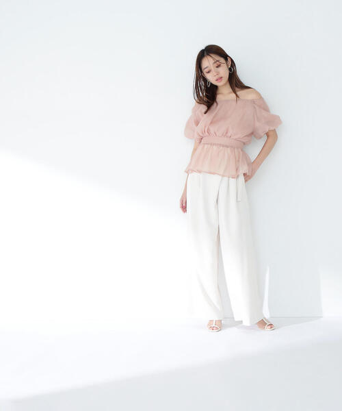 ブラウス シャツ 「美人百花掲載」シアーギャザーペプラムブラウス半袖 レディース ◇【美人百花掲載】シアーギャザーペプラムブラウス半袖（シャツ
