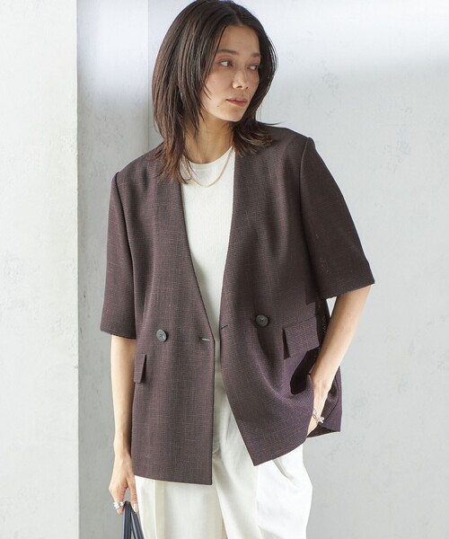 SHIPS WOMEN<新品未使用>カラミ ノーラペル 半袖 ジャケット SHIPS｜<手洗い可能>カラミ ノーラペル 半袖 ジャケット