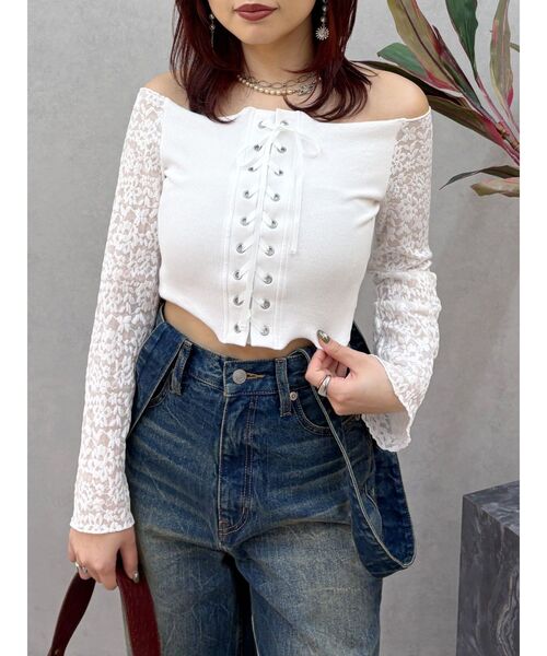 tシャツ レースコンビオフショルトップス レディース
