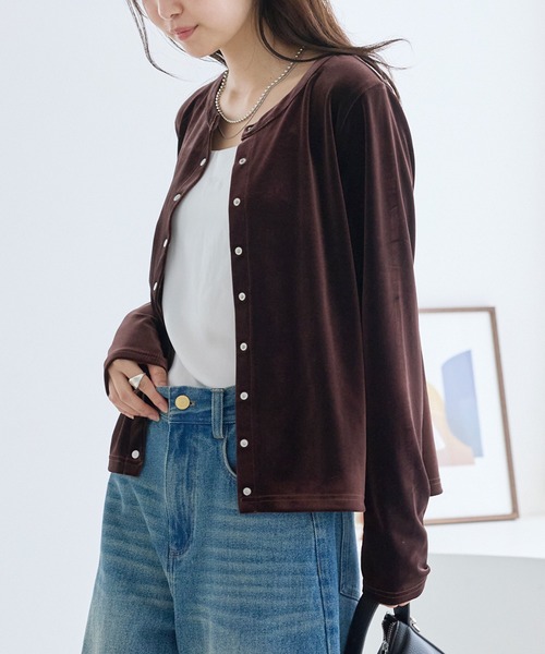 美品Rene36ベロアニット長袖カーディガン ベロアスナップカーデ | ラビアンジェ-⼤きいサイズのレディース服