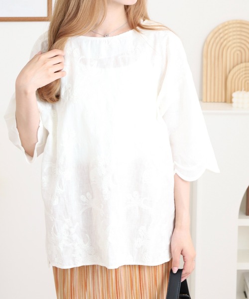 FUNALIVE tシャツ Rename フラワー刺繍7分袖トップス レディース