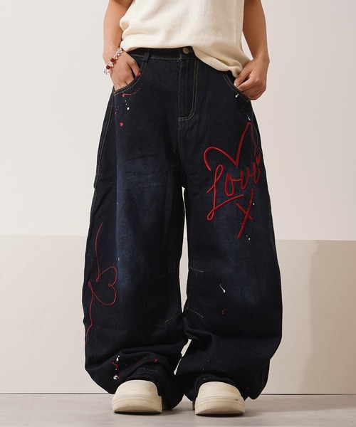ジーンズ ハート刺繍 バレルレッグ / Heart Embroidery Barrel Leg