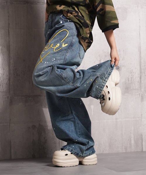 ジーンズ ハート刺繍 バレルレッグ / Heart Embroidery Barrel Leg