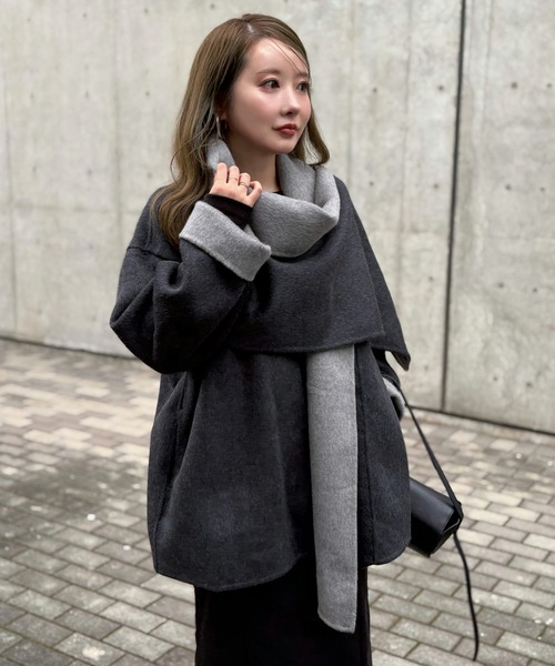 ノーカラーコート コート cotton wool stole docking coat /コットン