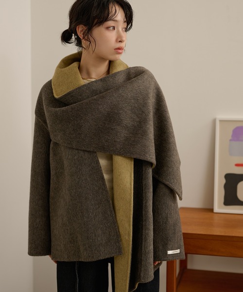 ノーカラーコート コート cotton wool stole docking coat /コットン