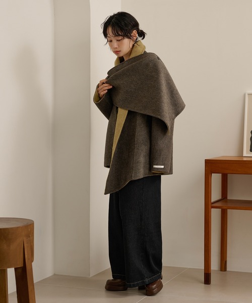 ノーカラーコート コート cotton wool stole docking coat /コットン
