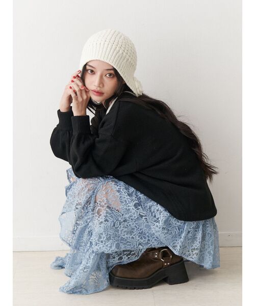 jouetie ニット帽 ニットキャップ クロシェライクフラワーモチーフ