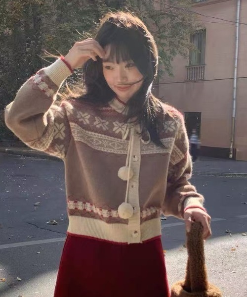 AsRiRe カーディガン 25aw ノルディック柄ポンポン付きニット