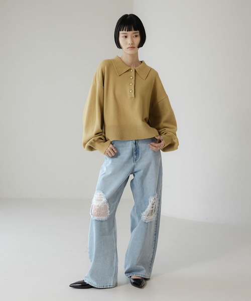 ワイドパンツ ジーンズ デニム デニムパンツ レースデニム　601055 レディースの画像