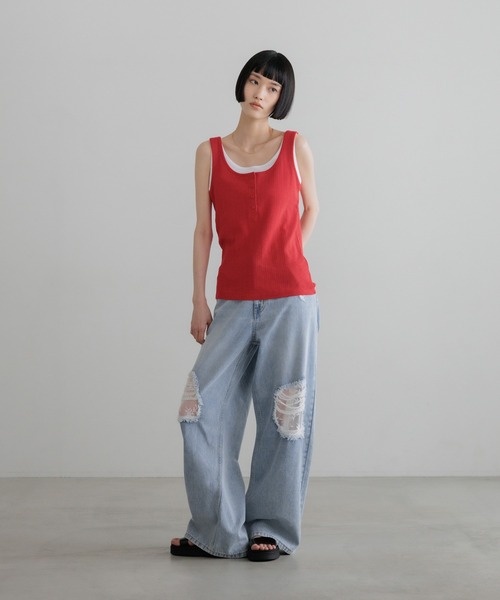 ワイドパンツ ジーンズ デニム デニムパンツ レースデニム　601055 レディースの画像