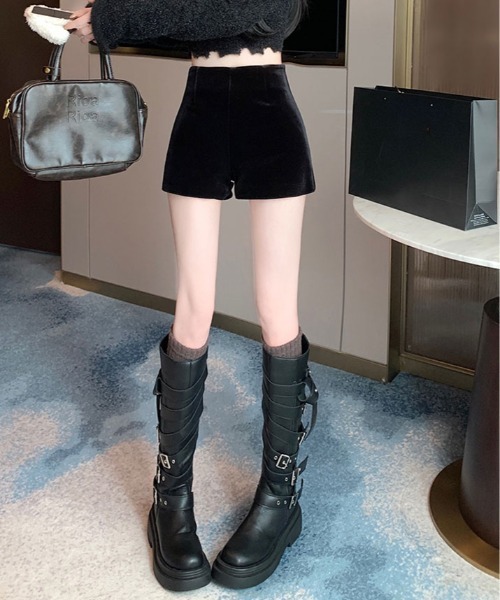 パンツ ベロアタッチ ハイウエスト ショート レディース : ZOZOTOWN