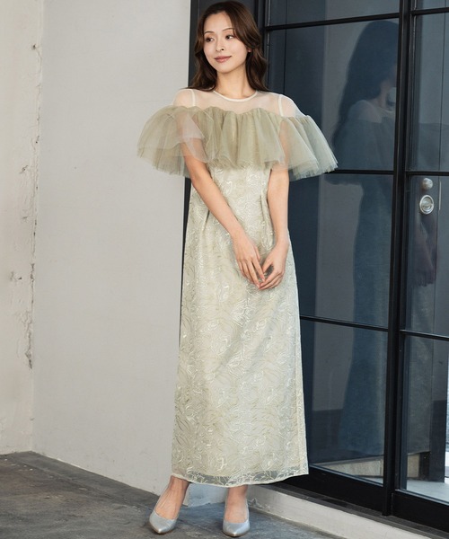 GIRL DRESS FOR NOW ドレス シアー オフショルダー風 フリルスリーブ