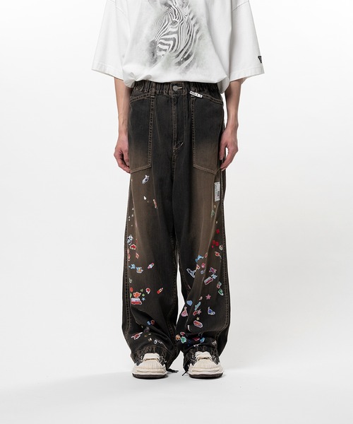 ワイドパンツ ジーンズ Kids Sticker Printed Baker Denim Pants メンズの画像
