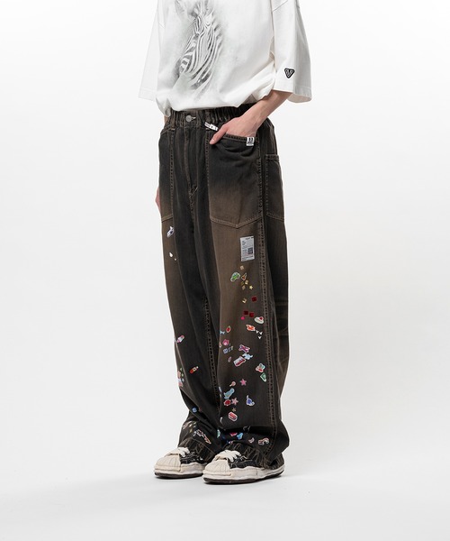 ワイドパンツ ジーンズ Kids Sticker Printed Baker Denim Pants メンズの画像