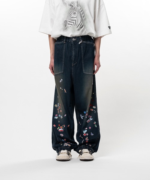 ワイドパンツ ジーンズ Kids Sticker Printed Baker Denim Pants メンズの画像