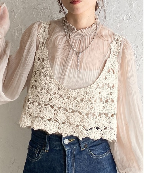 She's Closet ベスト ジレ ショート丈 深Uネック かぎ編み ビスチェ