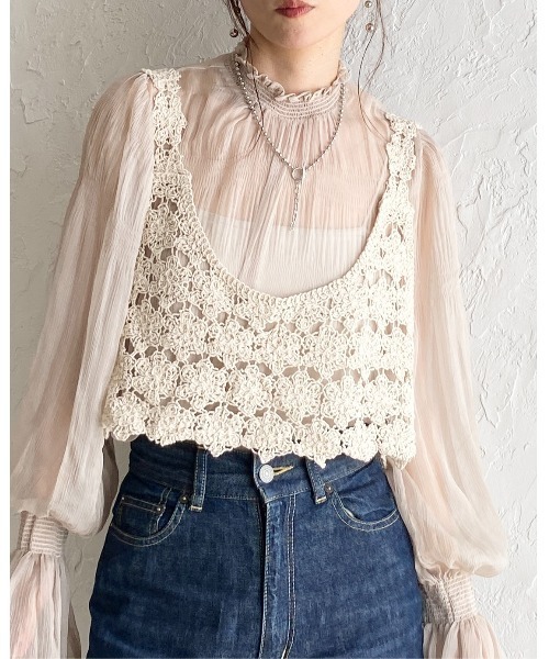 She's Closet ベスト ジレ ショート丈 深Uネック かぎ編み ビスチェ